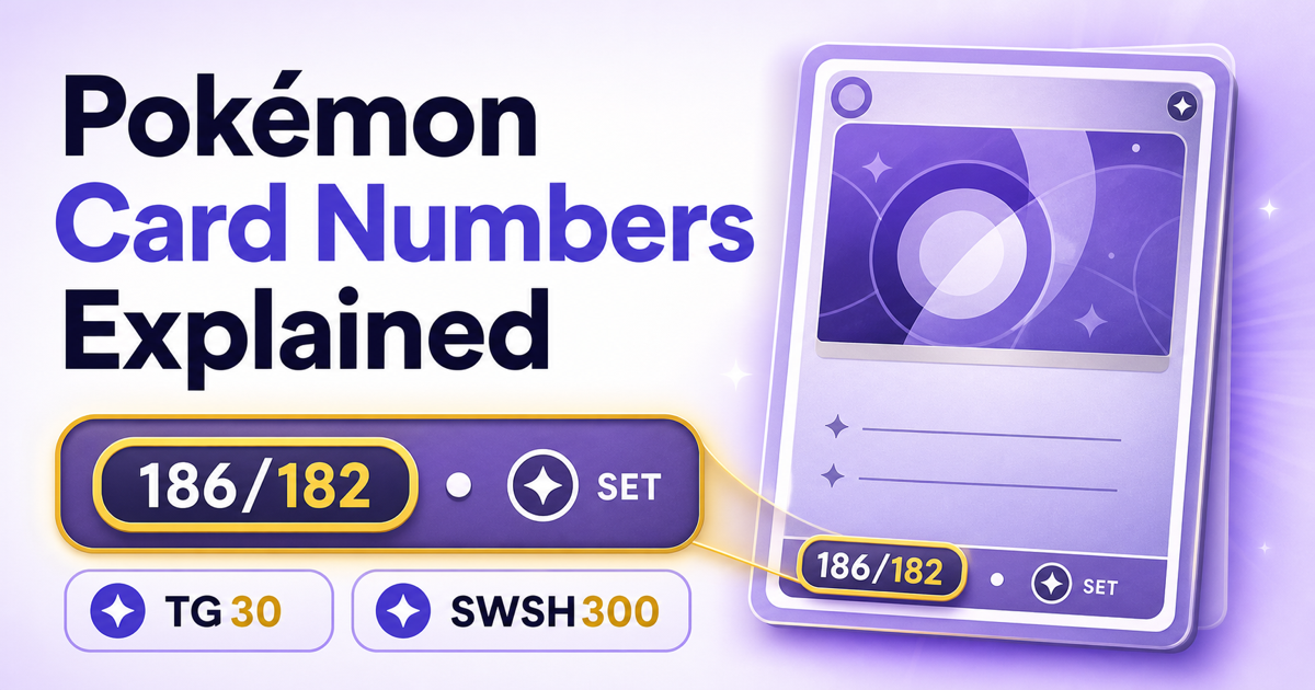 Diagram showing where to find Pokémon card collector numbers, with examples 186/182, TG30, and SWSH300