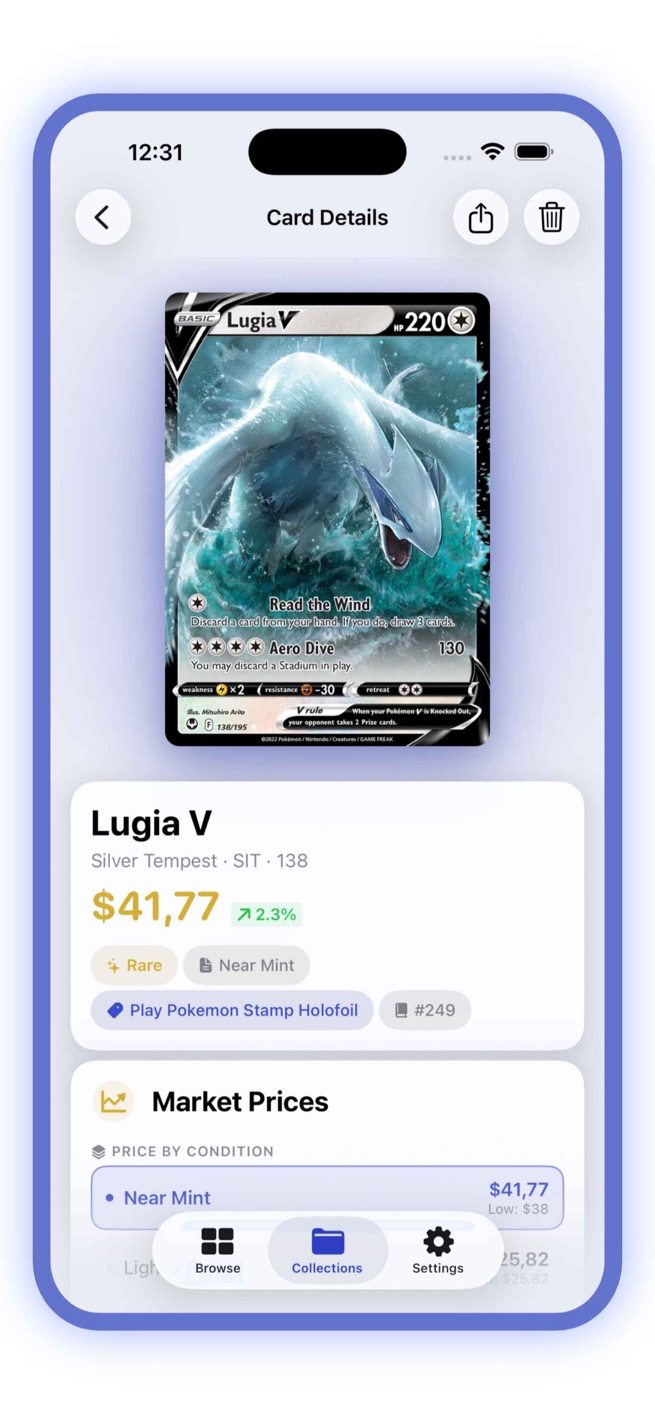 Pulldex Pokemon card scanner app instantly identifying a Charizard card with AI recognition technology